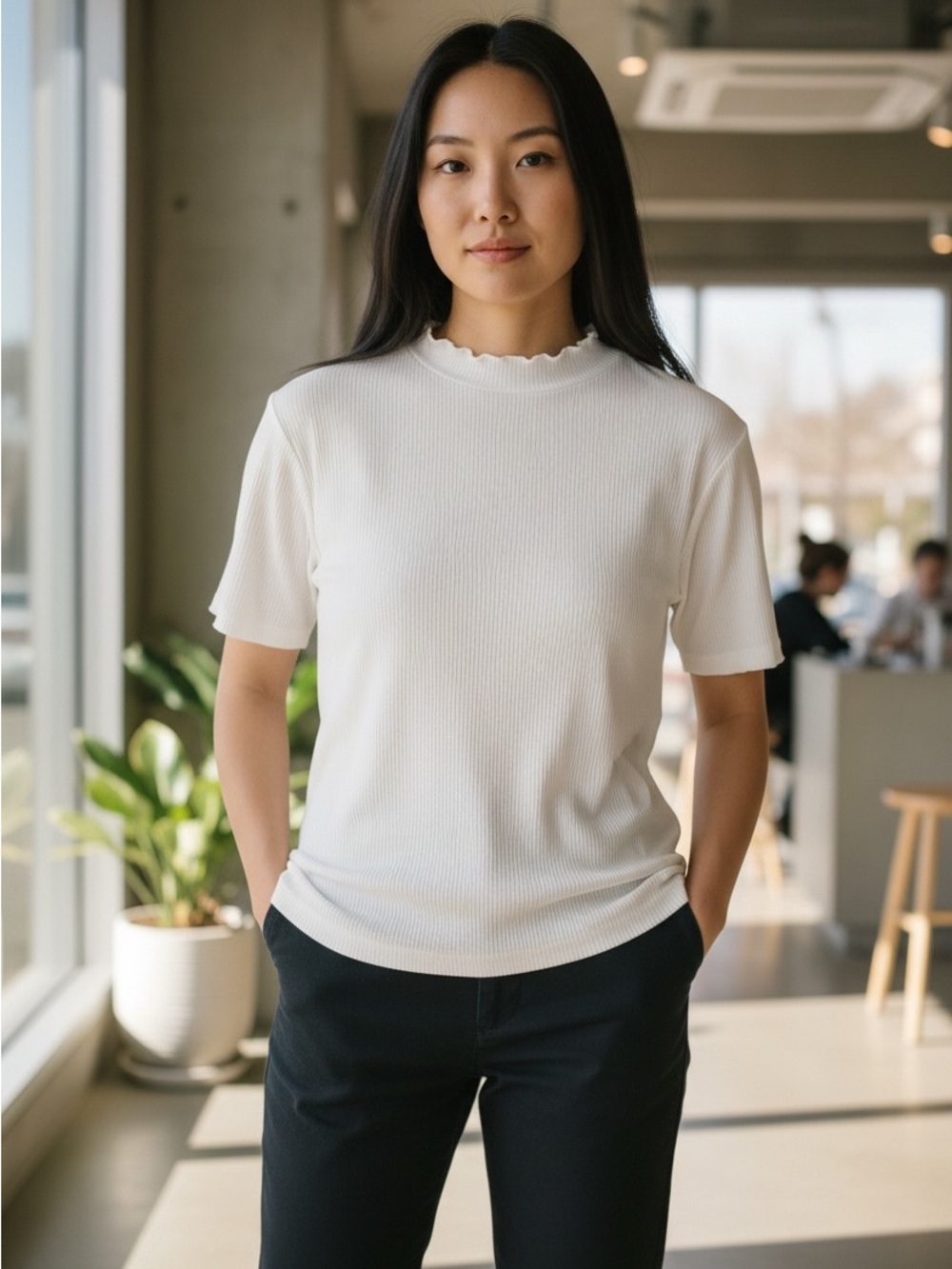 Forever 21 Cream Ribbed Short Sleeve Mock Neck Top